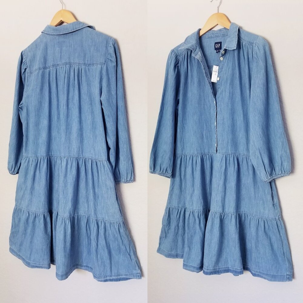 NEW Gap Puff Sleeve Denim Mini Shirtdress M Tall Long Chambray Tiered Boho $80 - Picture 5 of 15